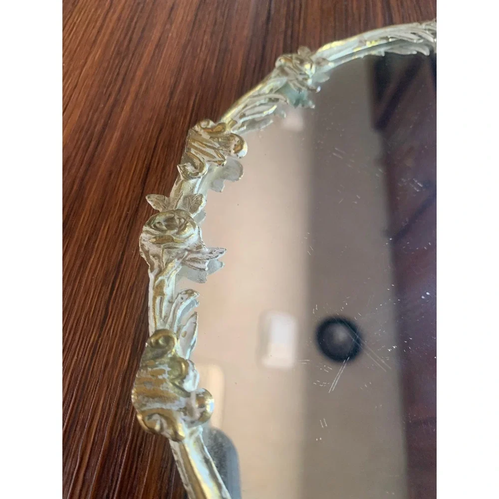 Vintage Globe 24kt Gold Plated Oval Vanity Mirror Tray Rose Filigree Ornate 14.5